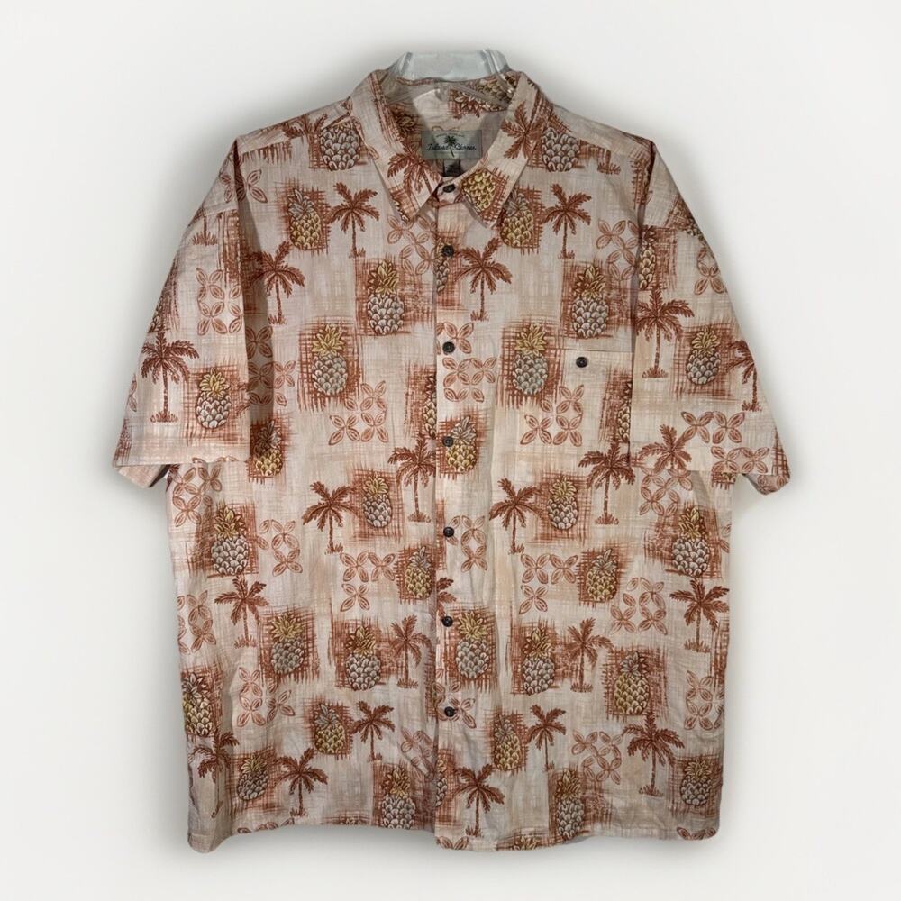 Island Shores Mens  2XL Hawaiian Shirt Tan Brown Palm Tree Pineapple Aloha